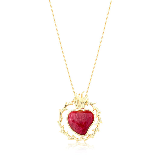 Necklace 18k Gold Plated Heart Red Feldspar - Colar Coração Pedra Feldspato Vermelha