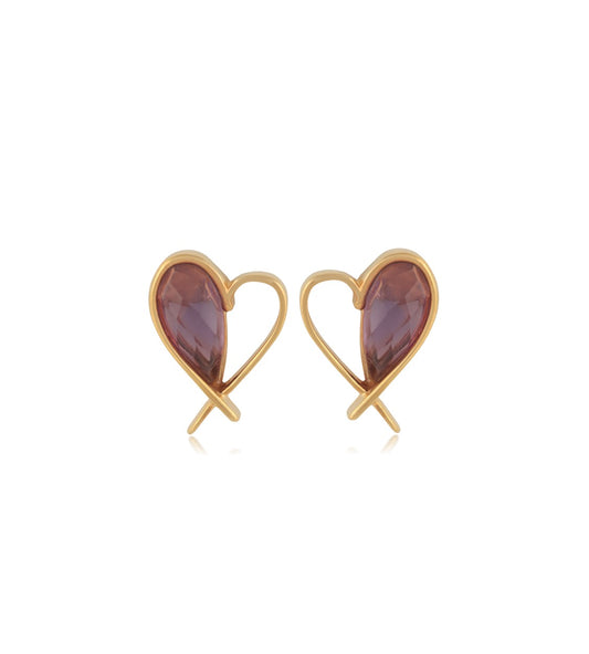 Earrings Amethyst Open Heart with 18k gold plated / Brinco Coração aberto Ametista -banhado ouro 18k